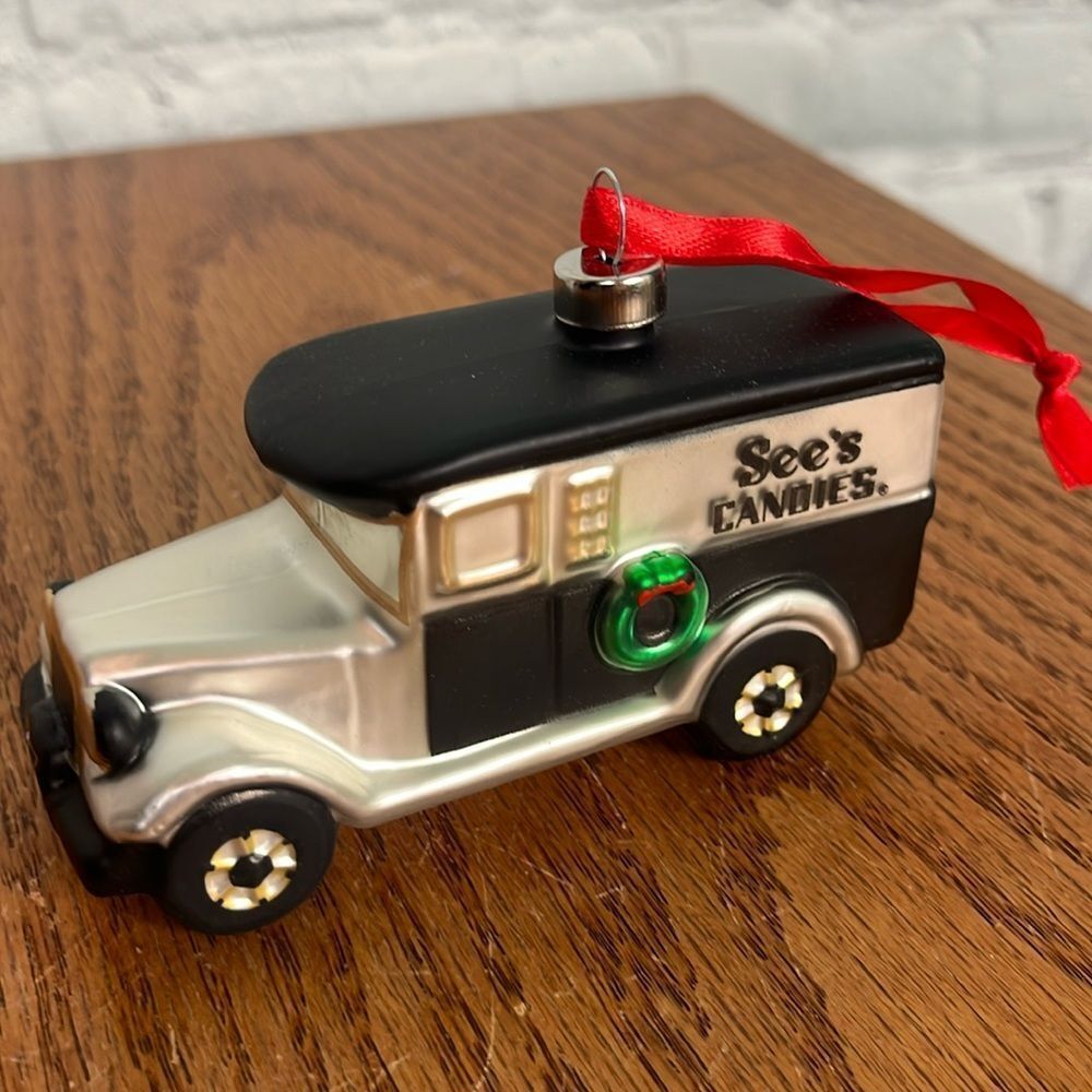 See's Candies 100 Year anniversary glass Delivery truck Xmas ornament 4.5x2x2